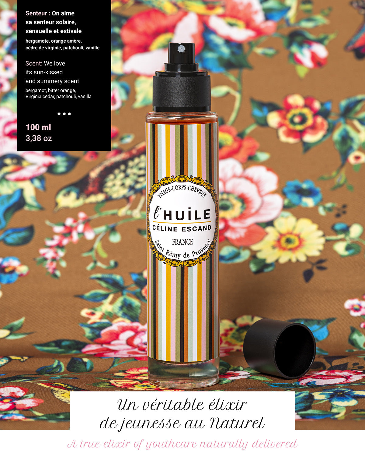 Carte cadeau Céline Escand, design à rayures colorées, illustrant le Baume Intégral de Saint-Rémy-de-Provence et ses bienfaits pour le corps.