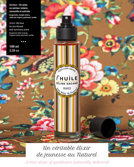 Carte cadeau Céline Escand, design à rayures colorées, illustrant le Baume Intégral de Saint-Rémy-de-Provence et ses bienfaits pour le corps.