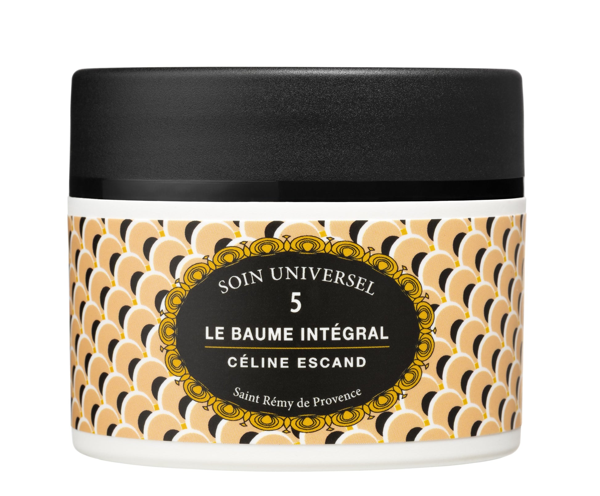 Pot fermé du Baume Intégral n°5 Soin Universel de Céline Escand, cosmétique naturel de Saint Rémy de Provence, couvercle noir et étiquette au motif écailles doré